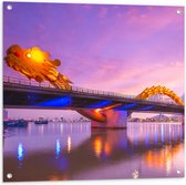 Tuinposter – Paarse Lucht boven Verlichte Dragon brug in Da Nang, Vietnam - 80x80 cm Foto op Tuinposter (wanddecoratie voor buiten en binnen)