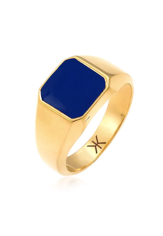 KUZZOI Heren Ring Heren zegelring blauw basis massief met email in 925 sterlingzilver verguld