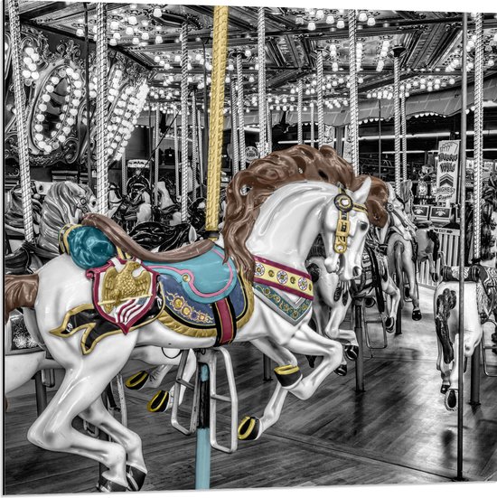 Dibond - Sierlijk Paard in Carrousel - 80x80 cm Foto op Aluminium (Met Ophangsysteem)