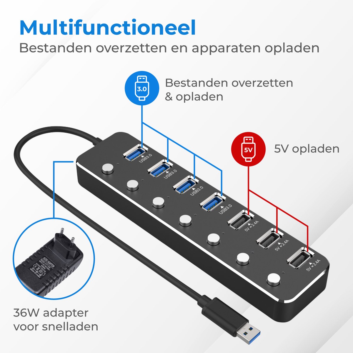 Nuvance - Hub USB 3.0 avec Alimentation - 7 Portes - Dont