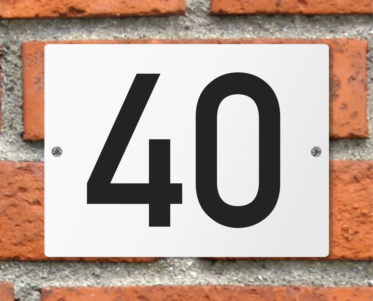 Huisnummerbord wit - Nummer 40 - standaard - 16 x 12 cm - schroeven - naambord - nummerbord - voordeur