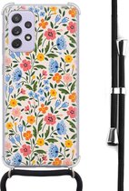 Hoesje met koord geschikt voor Samsung Galaxy A52 5G - Romantische bloemen - Inclusief zwart koord - Crossbody beschermhoes - Transparant, Multi - Mooie Telefoonhoesjes