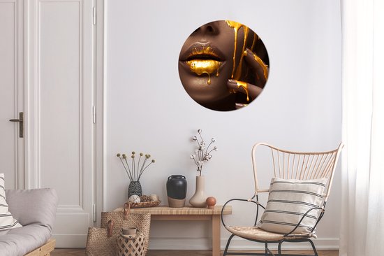 WallCircle - Stickers muraux - Cercle Papier Peint - Goud - Femme - Peinture - Lèvres - Luxe - 80x80 cm - Cercle Mural - Auto Adhésif - Sticker Papier Peint Rond