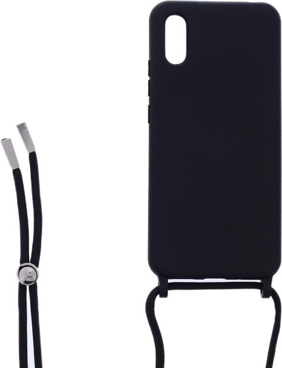 LuxeBass Siliconen hoesje met koord geschikt voor Xiaomi Redmi 9A - Zwart - telefoonhoes - gsm hoes - telefoonhoesje