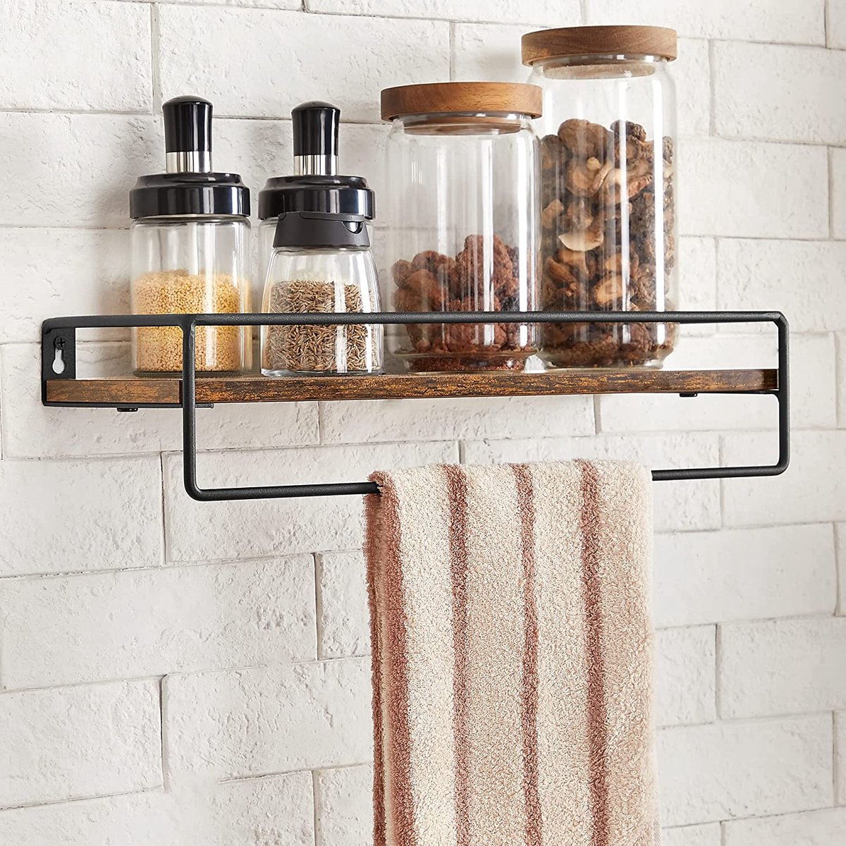 VASAGLE Wandplank, set van 2, zwevende plank met stang, wandplank, opbergen, aan de muur, voor keuken, slaapkamer, woonkamer, vintage bruin-zwart LWS441B01