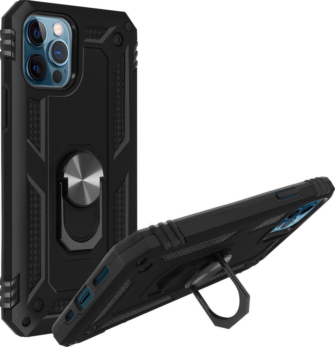 Avizar Hoesje Geschikt voor iPhone 12 / 12 Pro Schokbestendig met Ringhouder, Zwart