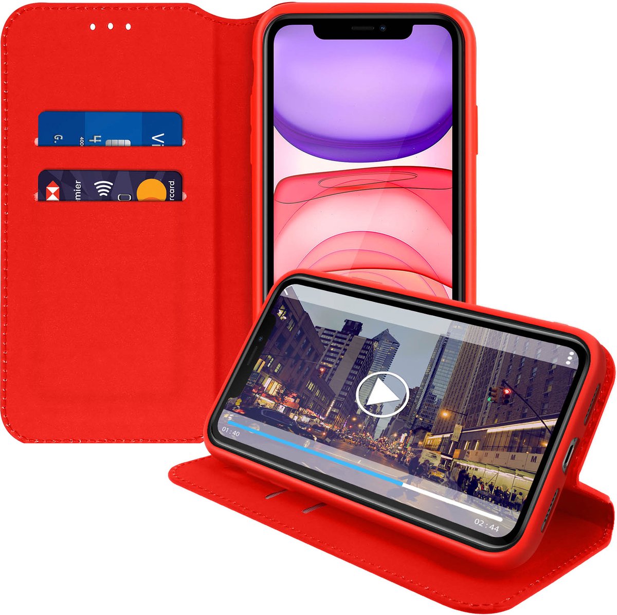 Avizar Housse pour Geschikt voor Apple iPhone 11 Étui Folio Portefeuille Fonction Support, Rood
