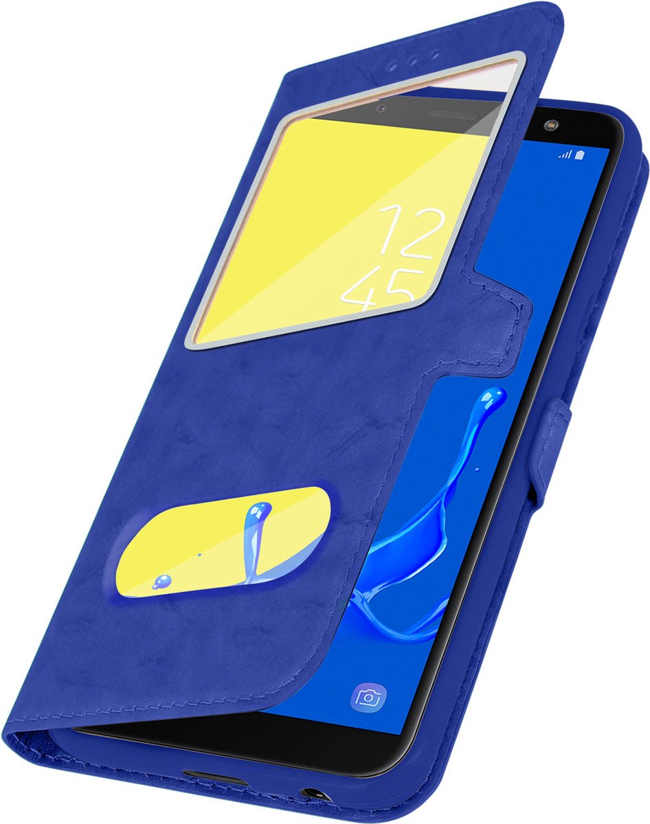 Avizar Foliohoes Geschikt voor Samsung Galaxy J6 blauw met dubbel venster, Blauw