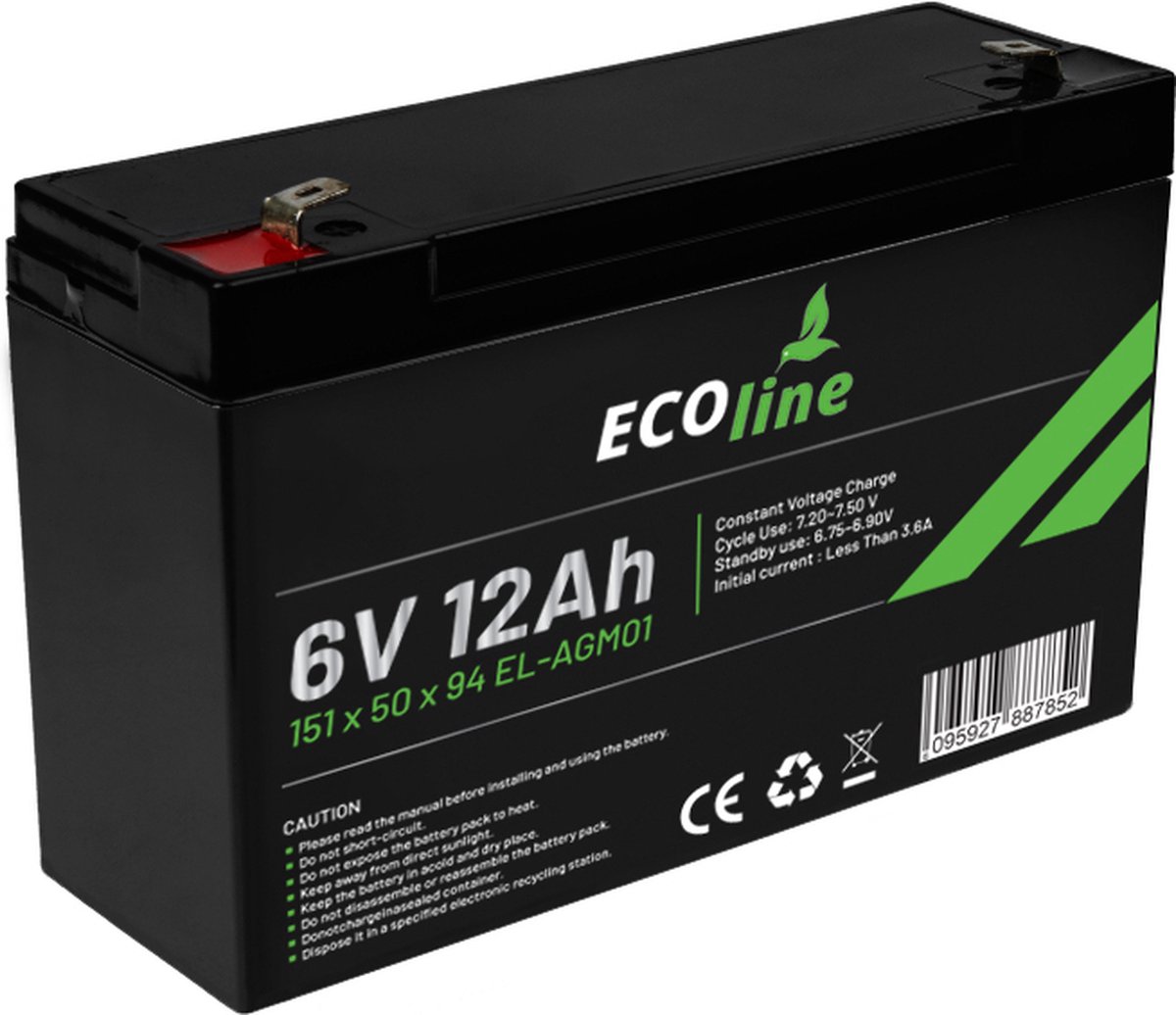 EcoLine - AGM 6V 12AH - 12000mAh VRLA Batterij - 151 x 50 x 94 - Deep Cycle Accu
