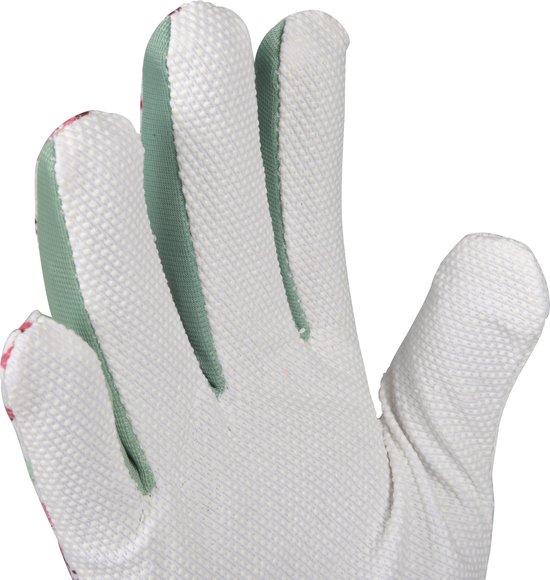 Close-up van een witte tuinhandschoen met groene biezen en een gedeeltelijk zichtbaar kersenpatroon.