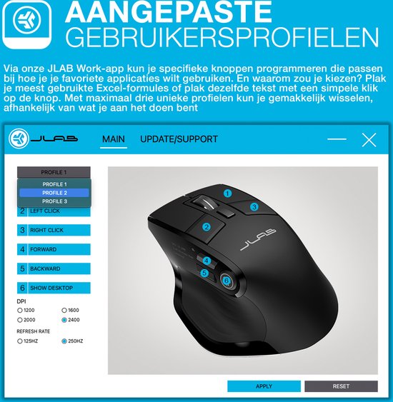 JLab Epic Computermuis – Bluetooth Muis Draadloos - Ergonomische Muis Rechtshandig – USB C Oplaadbaar - Verbindt 3 devices tegelijkertijd – Stille Clicks – Infinity Scroll – 4 Maanden Batterijduur – Draadloze Dongle