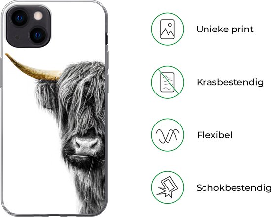 Telefoonhoesje Geschikt voor iPhone 13 hoesje - Schotse hooglander - Dieren - Black and gold - Siliconen Telefoonhoesje Telefoonhoesje