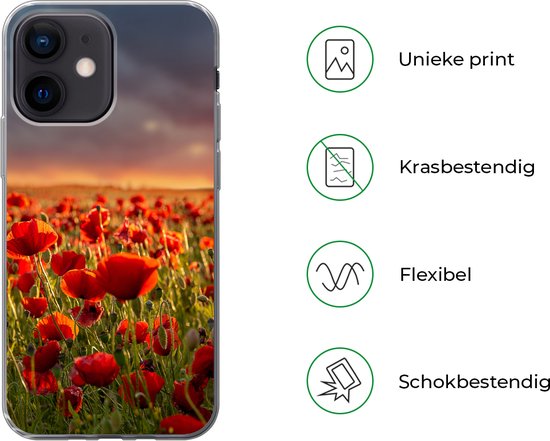 Coque iPhone 12 mini - Coucher de soleil sur un champ plein de coquelicots - Coque en Siliconen pour téléphone