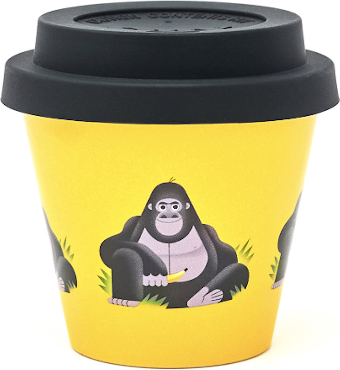 Quy Cup - 90ml Ecologische Reis Beker - Espressobeker “Mario - Banana Gorilla” met Zwarte Siliconen deksel