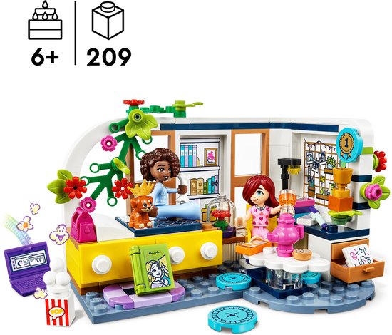 Lego Friends speelset van Aliya's kamer met poppetjes, hondje en accessoires.