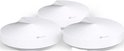 Drie witte, ronde TP-Link Deco M5 wifi-units met een lichtblauwe LED-indicator aan de bovenkant.