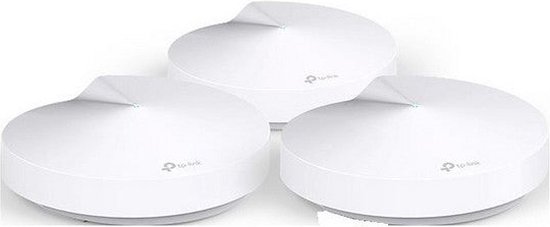 Drie witte, ronde TP-Link Deco M5 wifi-units met een lichtblauwe LED-indicator aan de bovenkant.