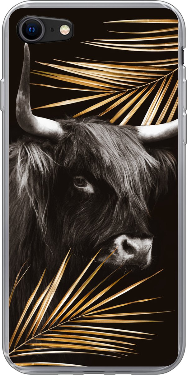 Telefoonhoesje Geschikt voor iPhone 7 hoesje - Schotse hooglander - Bladeren - Goud - Siliconen Telefoonhoesje Telefoonhoesje