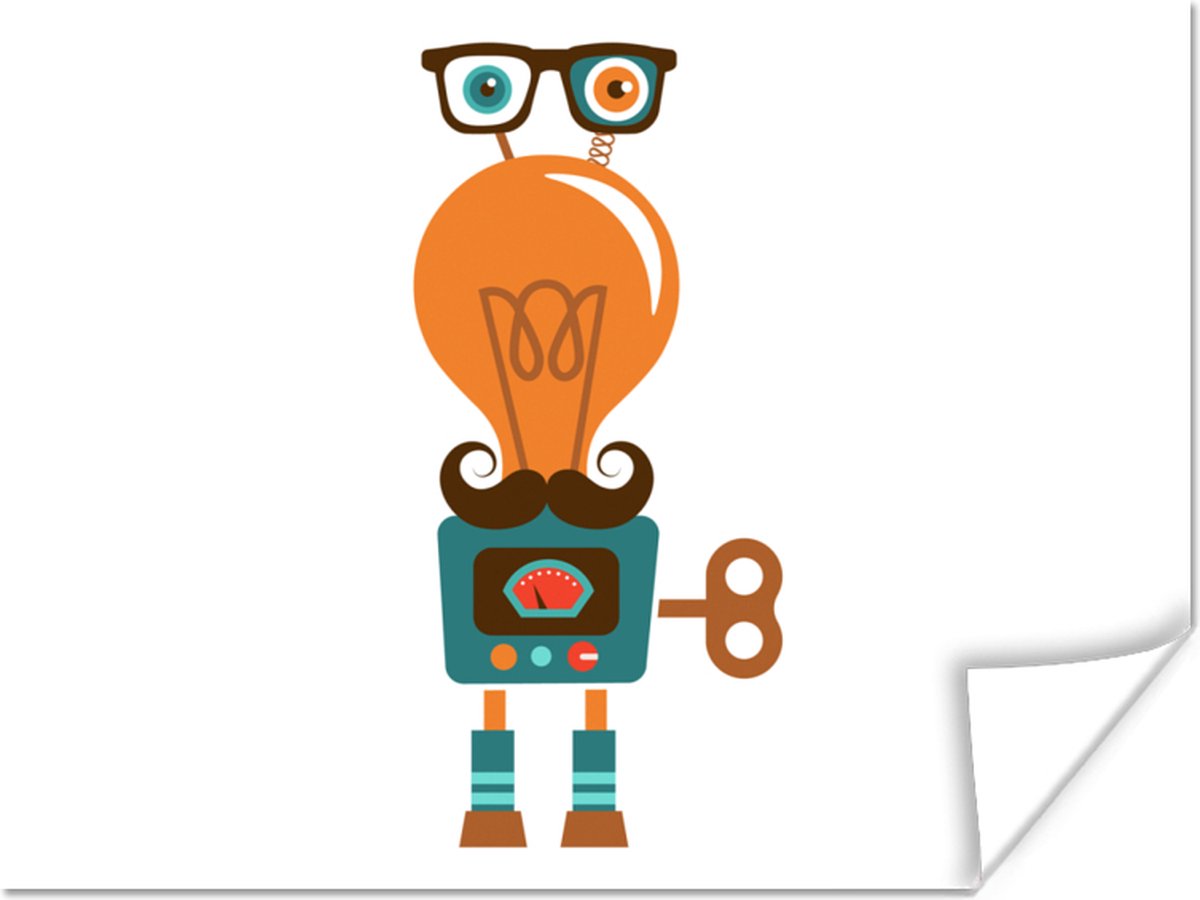 Poster 160x120 cm - Robot - Bril - Gloeilamp - Snor - Kinderen - Jongens - Posters - Kamer