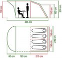 Technische tekening van een 4-persoons familietent met afmetingen.
