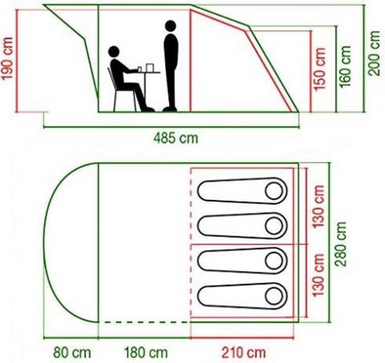 Technische tekening van een 4-persoons familietent met afmetingen.