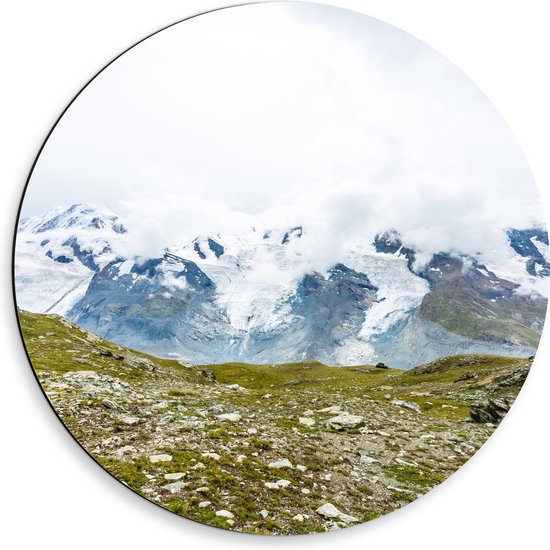 Dibond Muurcirkel - Uitzicht vanaf Berg op Besneeuwde Berg - 50x50 cm Foto op Aluminium Muurcirkel (met ophangsysteem)