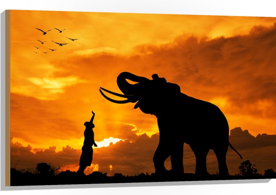 Hout - Silhouet van Olifant met Persoon en Vogels in Afrika - 105x70 cm - 9 mm dik - Foto op Hout (Met Ophangsysteem)