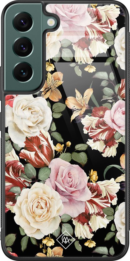 Coque Samsung Galaxy S22 Plus en verre - Fleurs flower power - Multi - Coque rigide Zwart - Coque arrière pour téléphone - Fleurs - Casimoda