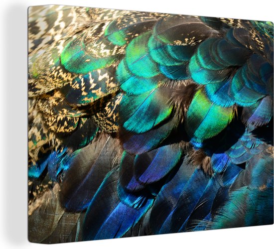 Tableau sur toile Ressorts - Plumes de Paon - Paon - Blauw - Art - 160x120 cm - Décoration murale XXL
