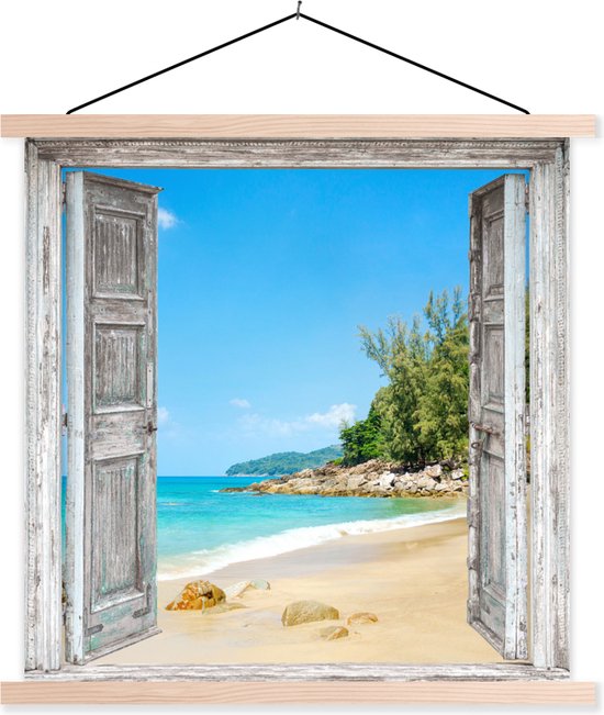 Posterhanger incl. Poster 120x120 cm - Schoolplaat - Strand - Doorkijk - zomer - Tropisch - Textielposter - Blanke latten
