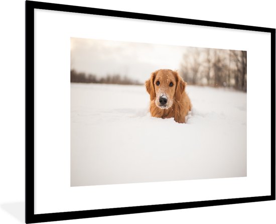 Fotolijst incl. Poster - Hond - Sneeuw - Winter - 120x80 cm - Posterlijst