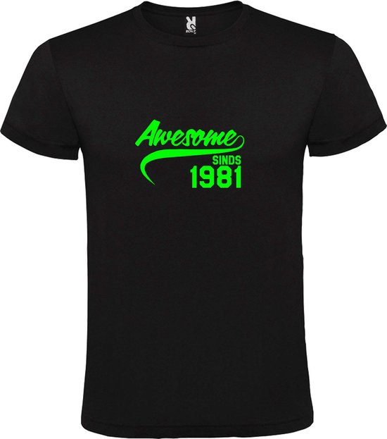 Zwart T-Shirt met “Awesome sinds 1981 “ Afbeelding Neon Groen Size L