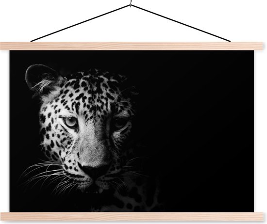 Posterhanger incl. Poster - Schoolplaat - Panter - Wilde dieren - Zwart wit - Dieren - 150x100 cm - Blanke latten