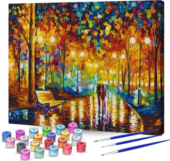 Rubye® Schilderen Op Nummer – Romantisch Park – Inclusief Penselen – Canvas Schildersdoek – Kleuren op Nummer – 40x50cm