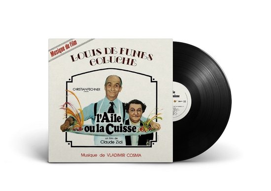 LP-hoes met Louis de Funès en Coluche, met de tekst 'L'Aile ou la Cuisse' en 'Musique du film Louis de Funès Coluche'.