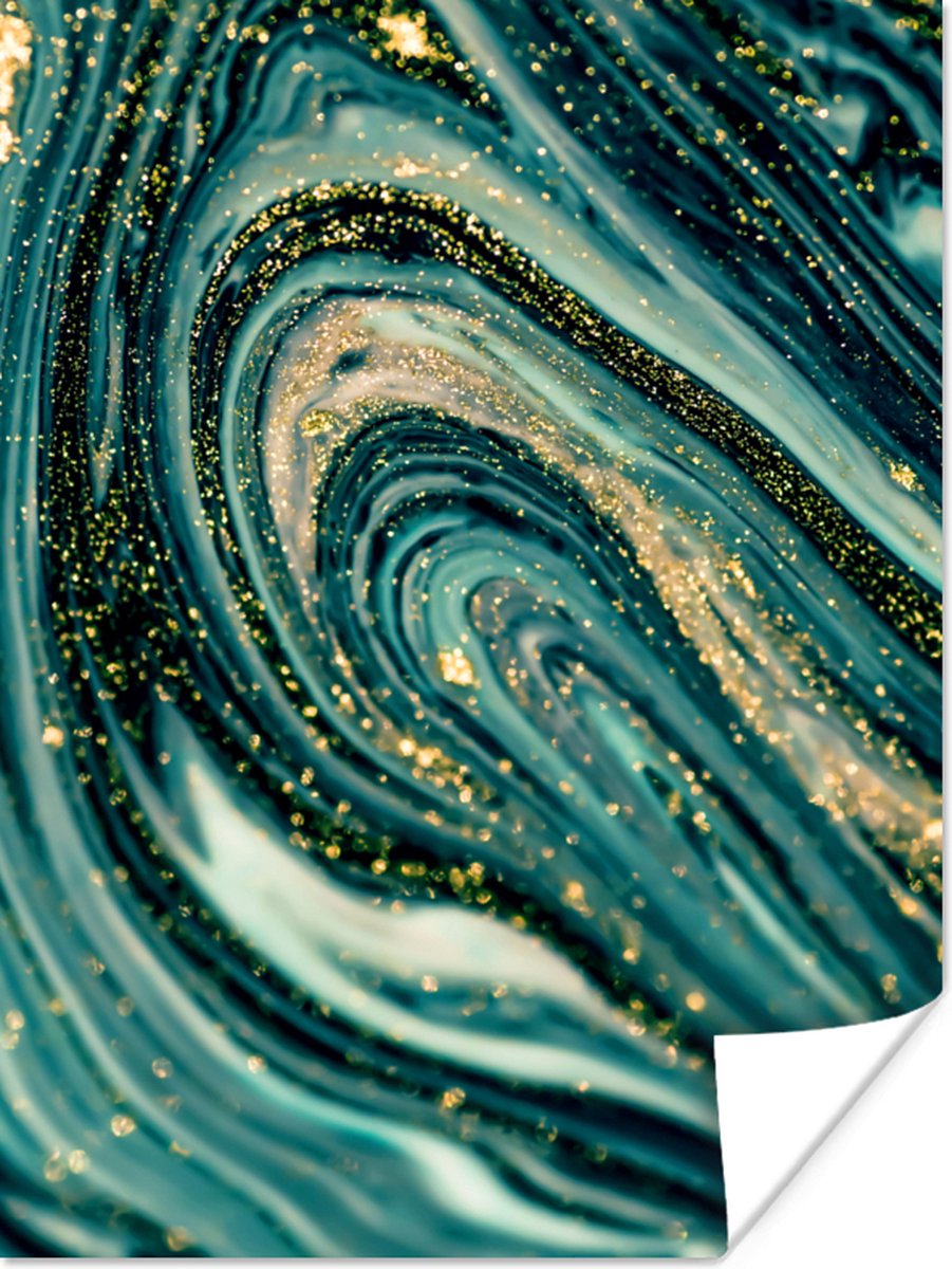 Poster Marmerlook - Luxe - Goud - Turquoise - Glitter - 30x40 cm