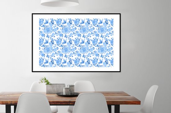 Poster in lijst - Fotolijst 120x80 cm - Posters - Bloemen - Patroon - Blauw - Posterlijst zwart - Decoratie - Wanddecoratie woonkamer - Muurdecoratie slaapkamer