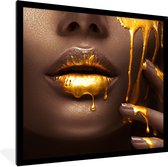 Fotolijst incl. Poster - Vrouw - Goud - Lippen - 40x40 cm - Posterlijst