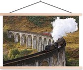 Posterhanger incl. Poster - Schoolplaat - Een stoomtrein rijdt over een brug - 150x100 cm - Blanke latten