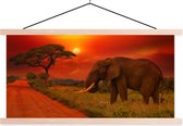 Posterhanger incl. Poster 120x60 cm - Schoolplaat - Olifant - Zonsondergang - Oranje - Savanne - Dieren - Textielposter - Blanke latten