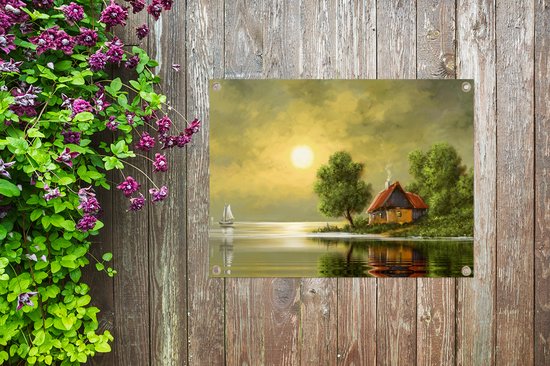 Tuin decoratie Schilderij - Olieverf - Huis - Natuur - Water - 40x30 cm - Tuindoek - Buitenposter