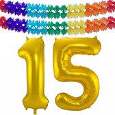 Folie ballonnen - Leeftijd cijfer 15 - goud - 86 cm - en 2x slingers