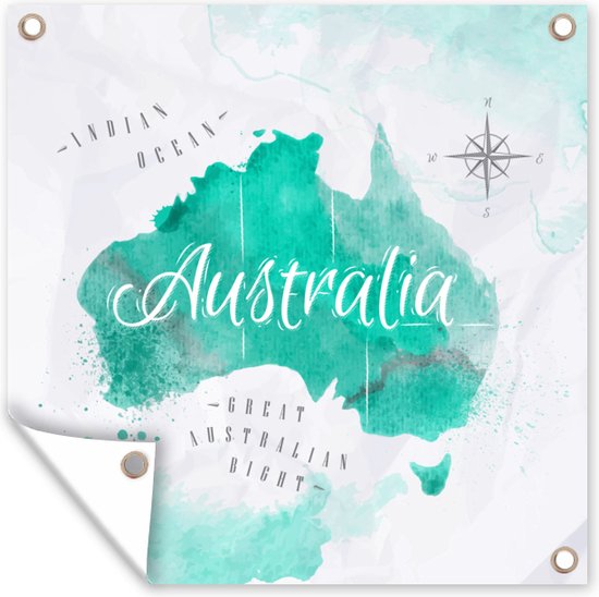 Tuinposters Wereldkaart - Australië - Turquoise - 50x50 cm - Tuindoek - Buitenposter