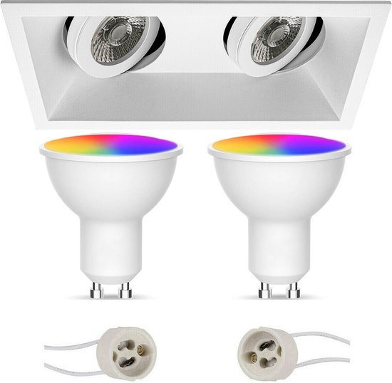 LED Spot Set GU10 - Oficto - Smart LED - Wifi LED - Slimme LED - 5W - RGB+CCT - Aanpasbare Kleur - Dimbaar - Afstandsbediening - Proma Zano Pro - Inbouw Rechthoek Dubbel - Mat Wit - Kantelbaar - 185x93mm