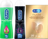 Durex - Nude Condooms 20 stuks - Anaal Perfect Gliss Glijmiddel 100ml - Massage Aloe Vera Glijmiddel 2/1 200ml