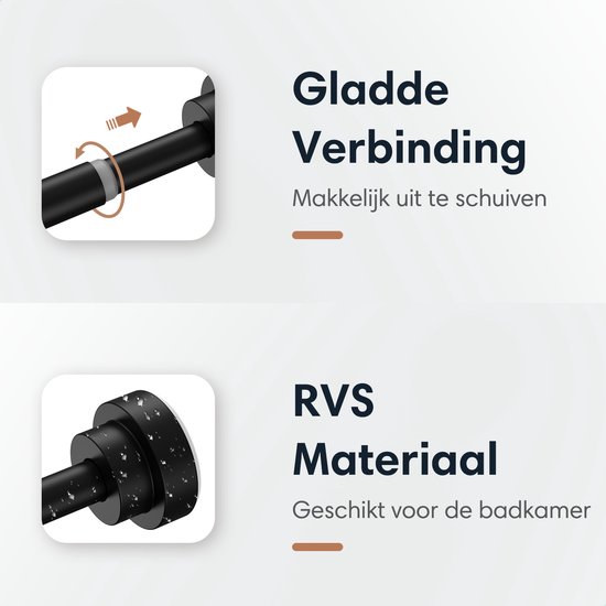 Zwarte gordijnroede met 'Gladde Verbinding' en 'RVS Materiaal' details.