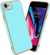 Cadorabo Hoesje geschikt voor Apple iPhone 7 / 7S / 8 / SE 2020 in Glossy Turqouise - Rose Goud - Beschermhoes van flexibel TPU-silicone Case Cover en met camerabescherming
