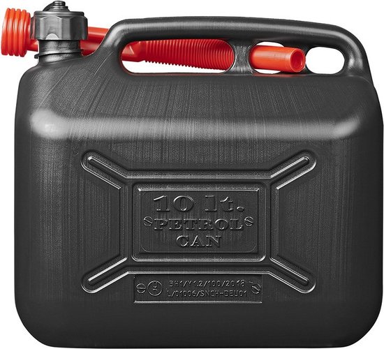 Jerrycan zwart voor olie en brandstof van 10 liter met een handige grote trechter van 39 cm