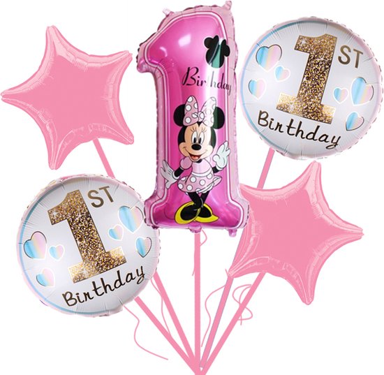 Loha-party®Folie ballon cijfer 1 Set-De 1e verjaardag ballonnen set-De eerste verjaardag-Minnie mouse-Roze cijfer 1-XXL cijfer 1 Ballon-Meisje Verjaardag decoratie-Versiering ballonnen