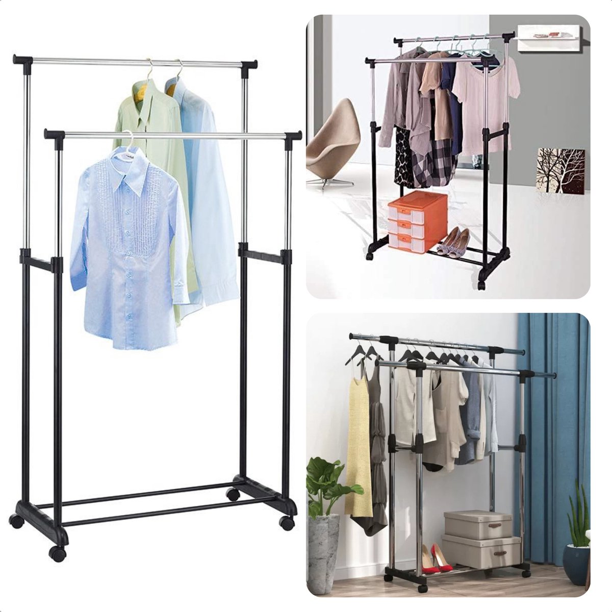 Cheqo® Verrijdbaar Kledingrek op Wieltjes - Hoogte Verstelbaar - Garderoberek - 85 x 43 x H170 cm - Stalen Frame - Voor Thuis & Winkel